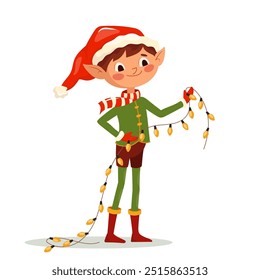 Smiling elf boy holding Christmas garland. Santa Claus little helper fun character isolated on white background. Cartoon vector illustration for Christmas card, banner, sticker, post, print