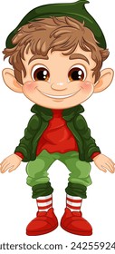 Smiling elf character in colorful holiday clothing.