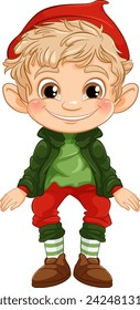 Smiling elf character dressed in holiday clothes.