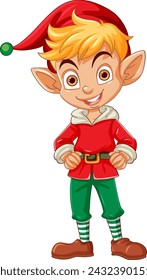 Smiling elf character dressed in holiday clothes.