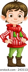 Smiling elf character dressed in holiday-themed clothes.