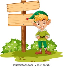 Smiling elf character standing next to a sign