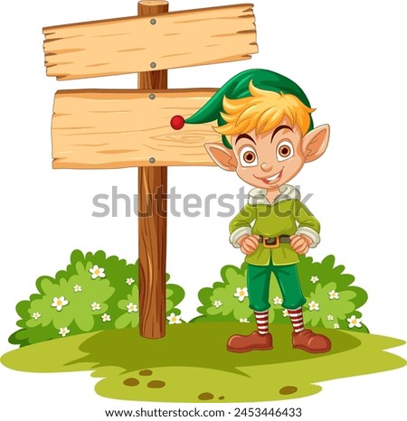 Smiling elf character standing next to a sign