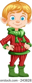 Smiling elf character in traditional holiday clothes.
