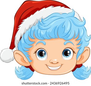 "Smiling elf character wearing a red Santa hat."
