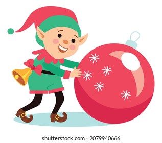 Smiling elf with christmas ball. Magic creature helping with tree decoration