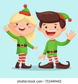 Smiling santaâ??s elf girl and elf boy. Cute Christmas cartoon character for background. Elfs waving their hands