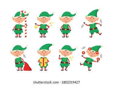 Smiling elf packing gifts. Collection of Christmas elves isolated on white background. Funny and joyful helper santa sending holiday gift and decoration christmas tree. Happy New Year. Vector.