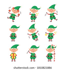 Smiling elf packing gifts. Collection of Christmas elves isolated on white background. Funny and joyful helper santa sending holiday gift and decoration christmas tree. Happy New Year. Vector.