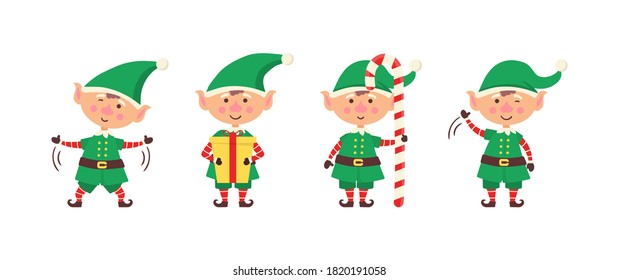 Smiling elf packing gifts. Happy New Year. Collection of Christmas elves isolated on white background. Funny and joyful helper santa sending holiday gift and decoration christmas tree. Vector.