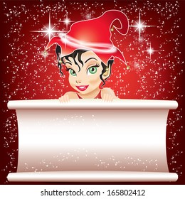 Smiling Elf in Red with White Paper for Wishes