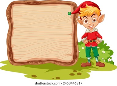 Smiling elf standing next to an empty signboard