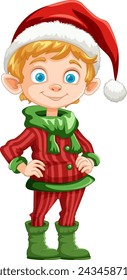 Smiling elf wearing a red Santa hat and green outfit.