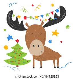 Smiling elk with a garland on the horns. Hand drawn vector cute forest animal and Christmas tree. Greeting New Year card. Flags, stars, confetti. Funny cartoon kids character. Pencil texture.