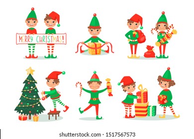 Smiling elves packing gifts. Decorating Christmas tree for celebration. Happy children in New Year fairy costumes with candies and lollipop presents. Cute characters. Vector illustration, cartoon flat