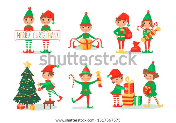 笑顔で贈り物を包む 祝いのクリスマスツリーを飾る お正月の妖精の衣装を着た幸せな子どもたちで お菓子とロリポップのプレゼントを持つ かわいい人 ベクター イラスト カートーンフラット のベクター画像素材 ロイヤリティフリー