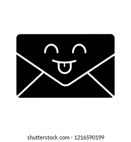 Smiling email character glyph icon. Quick and easy messenger. Envelope. Letter. Mailing. Emoji, emoticon. Silhouette symbol. Negative space. Vector isolated illustration