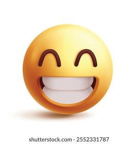 Lächelnder Emoji 3D-Clipart-Charakter. Fröhliches Emoji Gesicht, grinsend, positiv, Lächeln, Spaß, genießen, verspielter und fröhlicher Gesichtsausdruck gelbe runde Ikone. Vektorgrafik mit lächelnder Emoticon-Clip-Art. 
