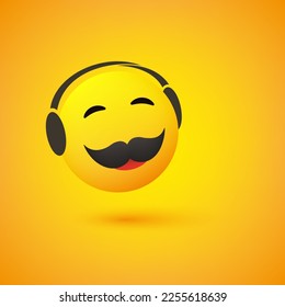 Smiling Emoji with Closed Eyes and Mustache, Enjoying Himself, Listening to Music - Male Emoticon, Face With Headphones On - Yellow Background, Vector Design Concept for Web and Instant Messaging Apps