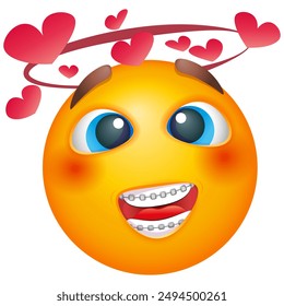 Smiling emoji with dental teeth braces. Emoticon in love on white background. Cute emoticon