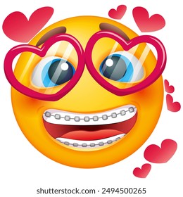 Smiling emoji with dental teeth braces. Emoticon in love on white background. Cute emoticon