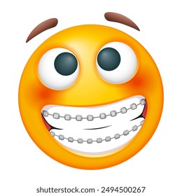 Smiling emoji with dental teeth braces. Emoticon on white background. Cute emoticon