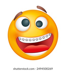 Smiling emoji with dental teeth braces. Emoticon on white background. Cute emoticon