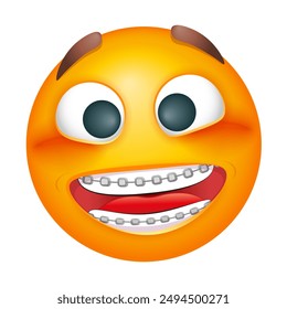 Smiling emoji with dental teeth braces. Emoticon on white background. Cute emoticon