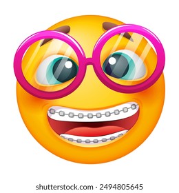 Emoji sonriente con dientes dentales. Emoticono nerd en gafas sobre fondo blanco. Lindo emoticono