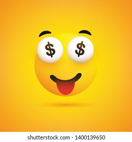 Smiling Emoji with Dollar Signs in the Eyes - Simple Happy Emoticon on Yellow Background - Vector Design Illustration