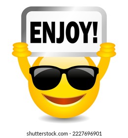 Smiling emoji with Enjoy sign, vector cartoon on white background, enjoy your life web emoticon.