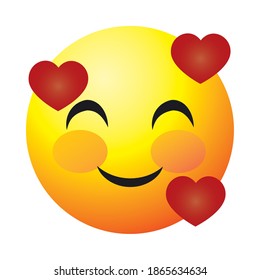 smiling emoji face with hearts over white background, colorful design, vector illustration