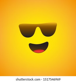 Smiling Emoji Face with Sunglasses  - Simple Shiny Happy Emoticon on Yellow Background - Vector Design
