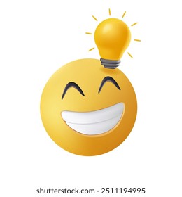 Smiling emoji get an idea in 3D style. Brainstorm, creative idea concept. Happy emoticon with lightbulb on white background. Cute emoticon. Smile icon for messanger