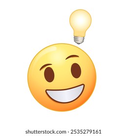 Smiling emoji get an idea cartoon style. Brainstorm, creative idea concept. Happy emoticon with lightbulb on white background. Cute emoticon. Smile icon for messanger