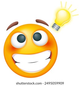 Emoji sonriente consigue una idea. Emoticono feliz con la bombilla en el fondo blanco. Lindo emoticono