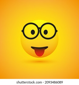 Smiling Emoji with Glasses and Stuck Out Tongue - Simple Happy Emoticon on Yellow Background - Vector Design