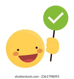 A smiling emoji with a hand holding a green sign with a checkmark, symbolizing do, good, approved, and excellent, signifying positive and correct. Green tick icon in circle. Editable vector