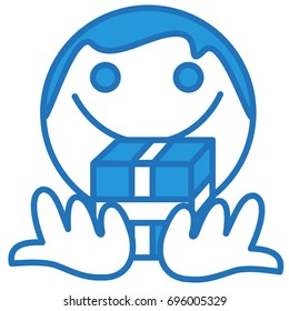 smiling emoji handing you over a wrapped gift box, funny cartoon character with simplistic facial expression, simple hand drawn circle shaped emoticon, eps 10 vector illustration