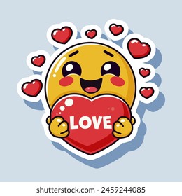 A smiling emoji holding a heart with the word LOVE surrounded by smaller hearts, vector illustration on a light blue background, depicting the concept of love and affection. Vector illustration