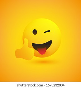 Smiling Emoji on Yellow Background - Simple Happy Emoticon with Winked Eye and Outstretched Tongue Showing Thumbs Up - Vector Design Concept