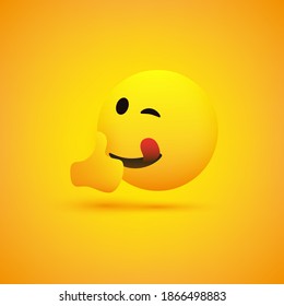 Smiling Emoji on Yellow Background - Simple Happy Emoticon with Winked Eye and Outstretched Tongue Showing Thumbs Up - Vector Design Concept
