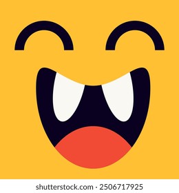 Smiling emoji with open mouth and two teeth smiley. Yellow happy emoticon monster face. Vector illustration