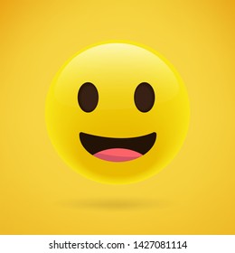 smiling emoji with open mouth. Vector happy face. Realistic yellow emoticon in front of a yellow background, vector illustration