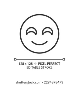 Smiling emoji pixel perfect linear icon. Positive reaction on product. Happy face. Satisfied service user. Thin line illustration. Contour symbol. Vector outline drawing. Editable stroke