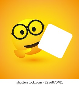 Smiling Emoji with Round Glasses Holding and Pointing To a Big Blank White Square Shaped Card Board Inscription - Template Emoticon with Copyspace, Place, Room for your Text for Web and Advertising 