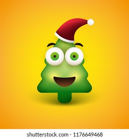 Smiling Emoji - Simple Christmas Tree Shaped Emoticon on Yellow Background - Vector Design