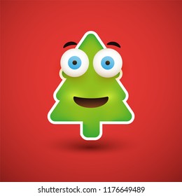 Smiling Emoji - Simple Christmas Tree Shaped Emoticon on Red Background - Vector Design