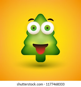 Smiling Emoji - Simple Christmas Tree Shaped Emoticon on Yellow Background - Vector Design