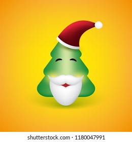 Smiling Emoji - Simple Christmas Tree Shaped Emoticon with Beard and Hat on Yellow Background - Vector Design
